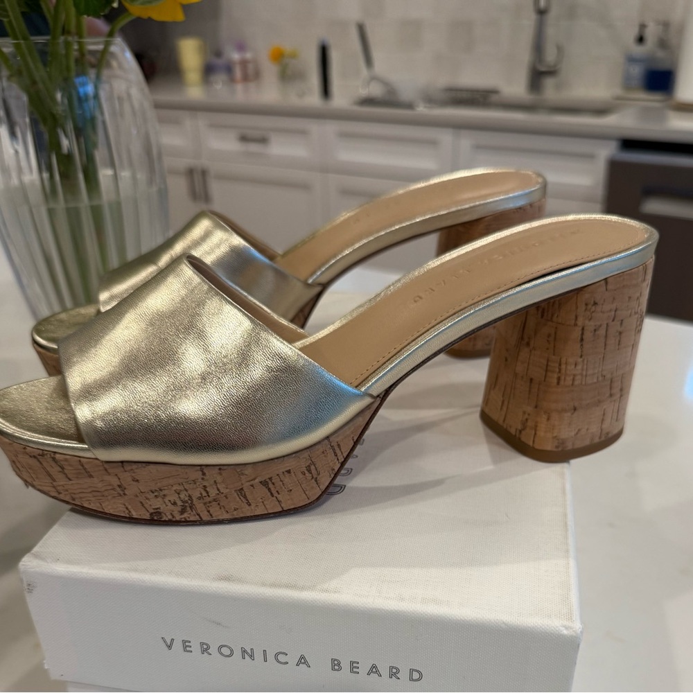 Veronica Beard Gold Mules with Chunky Heel